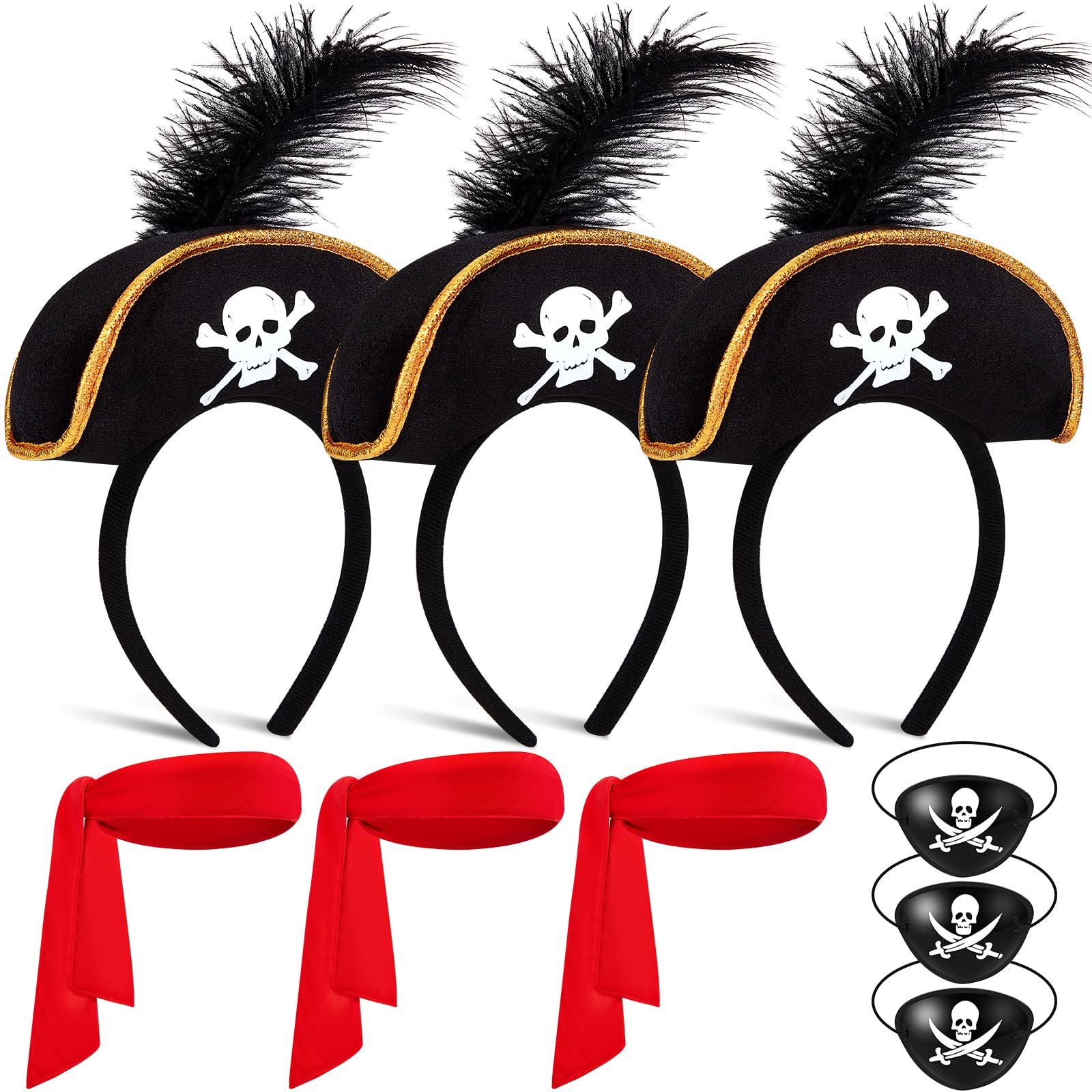 Photo 1 of 3 Sets Pirate Costume Accessories Set, Include Black Pirate Hat Headband Skull Print Pirate Eye Patches Captain Red Tie Headband Bandana for Pirate Party