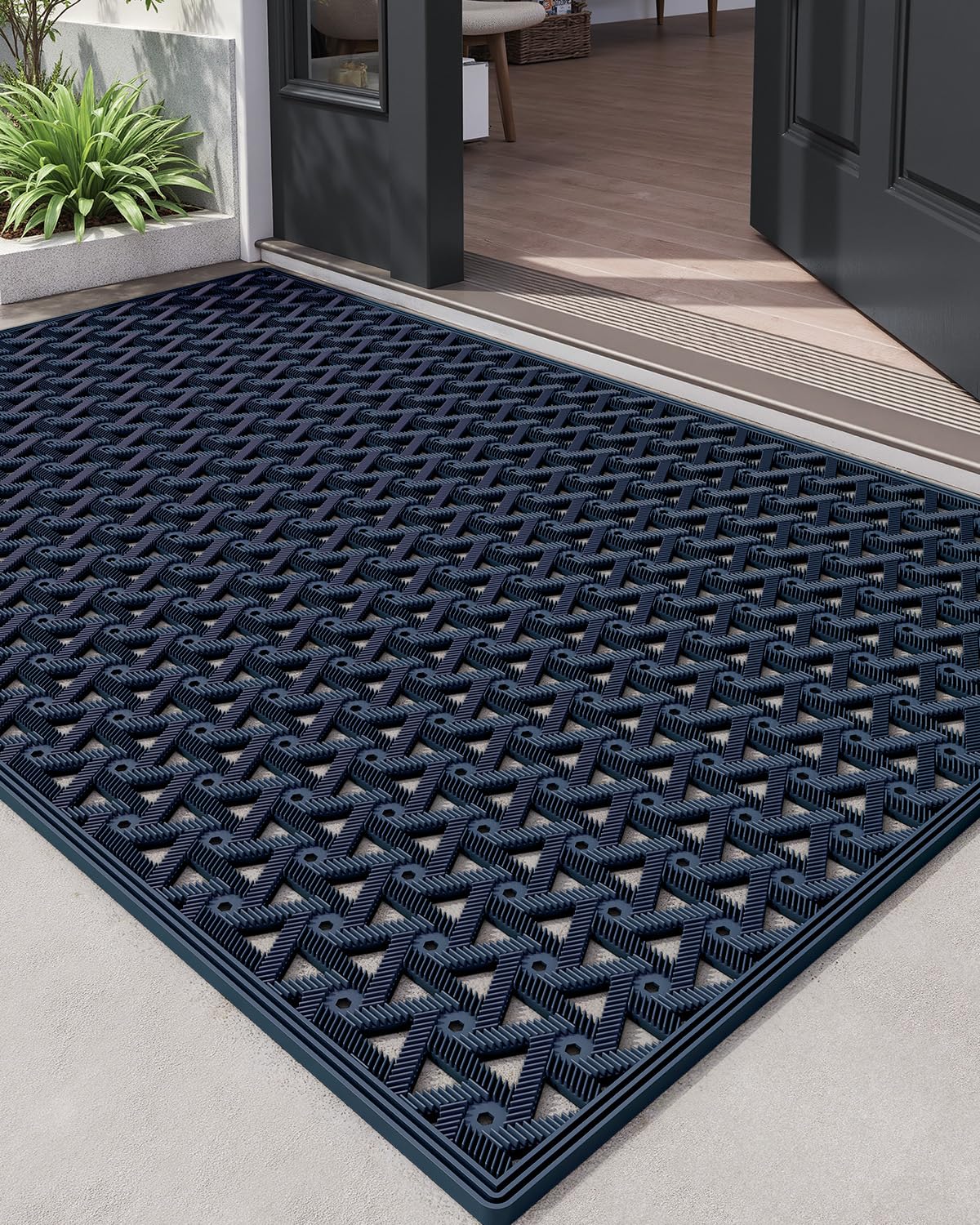 DEXI Front Door Mat Outside Entrance Rubber 32x48, Welcome Floor Doormat Heavy Duty Non Slip, Dirt Trapper Waterproof Exterior Entry Mats All Weather for Patio Entryway Drainage, Blue
