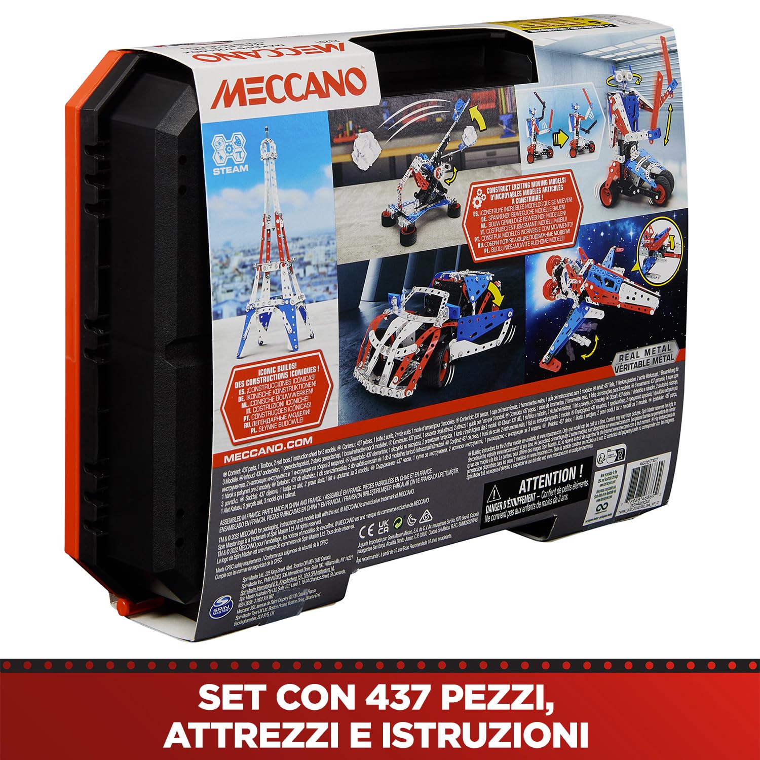 BANDAI - Meccano Valigetta di Costruzione - Kit di Costruzione 5 in 1 Veicoli, Robot, Torre Eiffel - 437 pezzi, attrezzi, istruzioni - Kit Attività assemblaggio - Giocattolo Bambini 10+ - APM20106