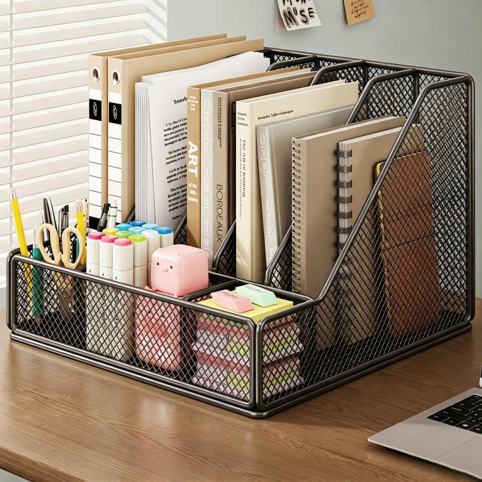 Schreibtisch Organizer Zeitschriftenhalter aus Metall mit 5 Fächern, A4-Schreibtischständer mit Stifthalter für Briefe, Postkarten, Broschüren(Black)