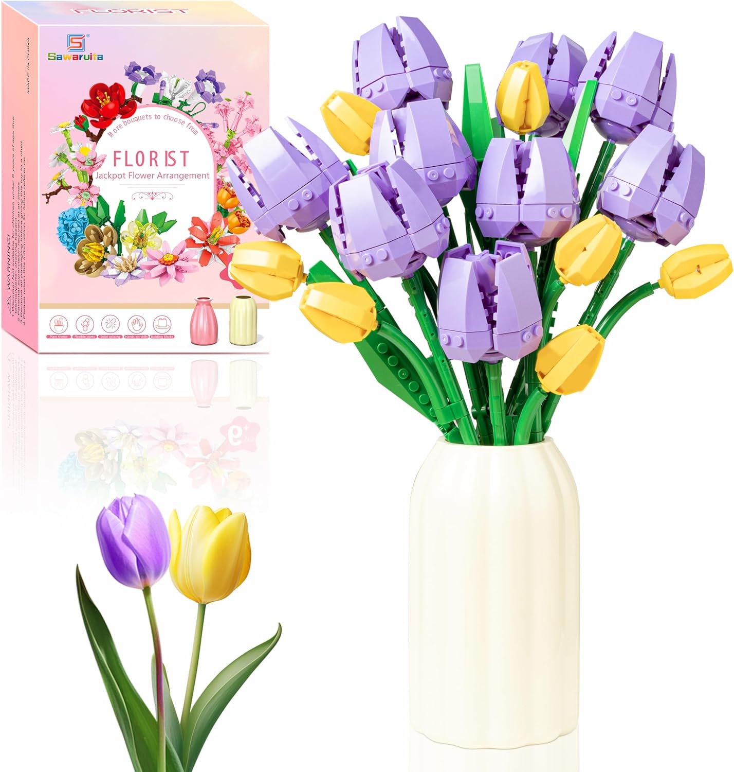 Sawaruita Purple Tulips Bouquet Building Block Sets for Adult Woman-Botanical Collection with Vase, Home Decor Gifts for Mothers Day,Valentines,Birthday