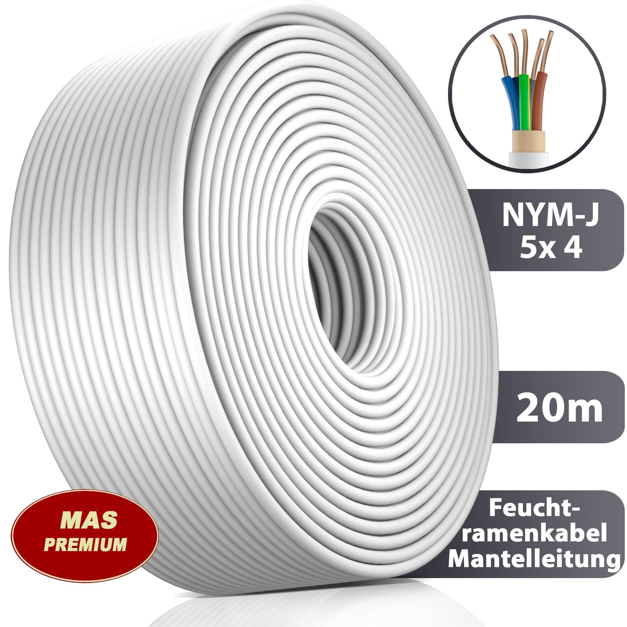 MAS Premium Kabel zasilający do wilgotnych pomieszczeń, kabel zasilający 5-170 m, przewód płaszczowy NYM-J 5 x 1,5, 2,5, 4, 6, 10 lub 16 kabel elektryczny pierścień do stałego układania (NYM-J 5 x 4