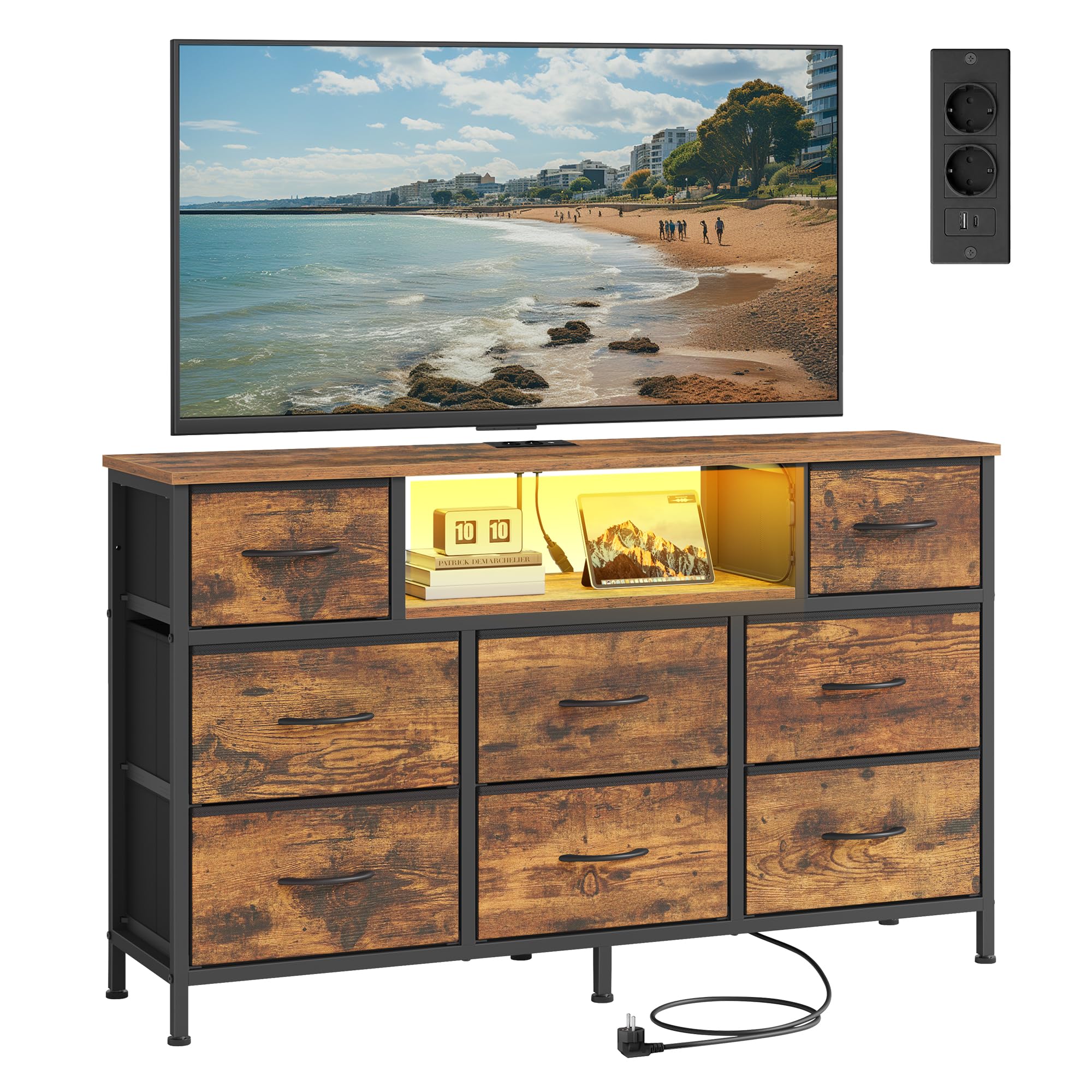 SONGMICS Komoda z 8 Szufladami, Szafka RTV z Oświetleniem LED i Stacją Ładującą, Otwarta Półka, Stalowa Rama, do Sypialni, Salonu, 113,8 x 30 x 68,1 cm, Rustykalny brąz, Kolekcja Bellah LGS433KD02