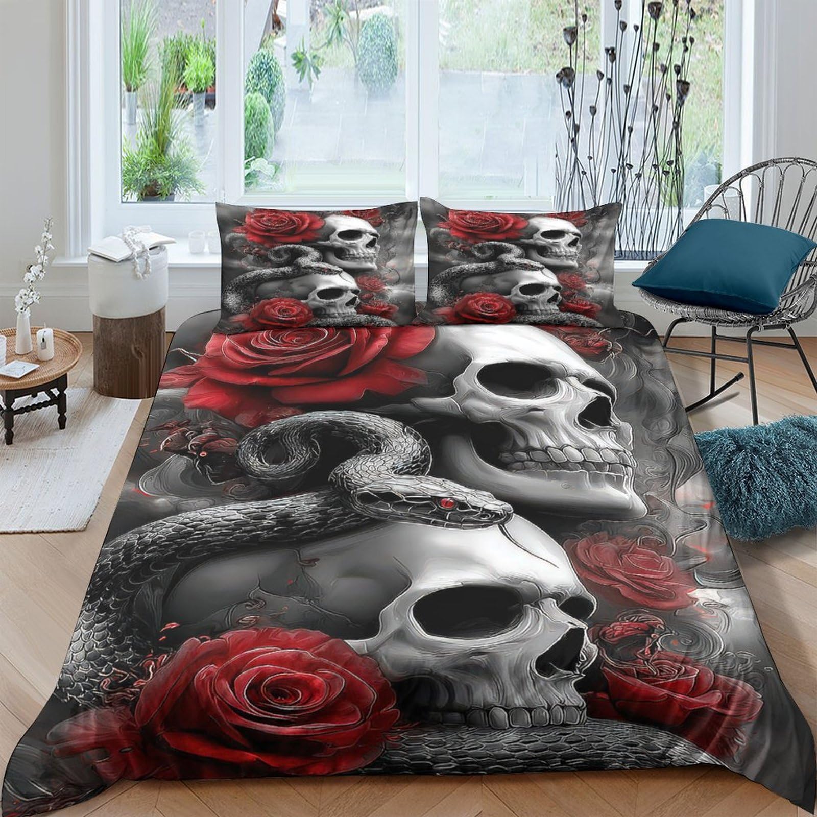Ctjqhvkz Style-3 3D Printed Skull Rose Fitted Sheet Microfiber Soft Breathable Gothic Snake Bed Cover For Bedroom Dorm Decor Single（135X200cm）