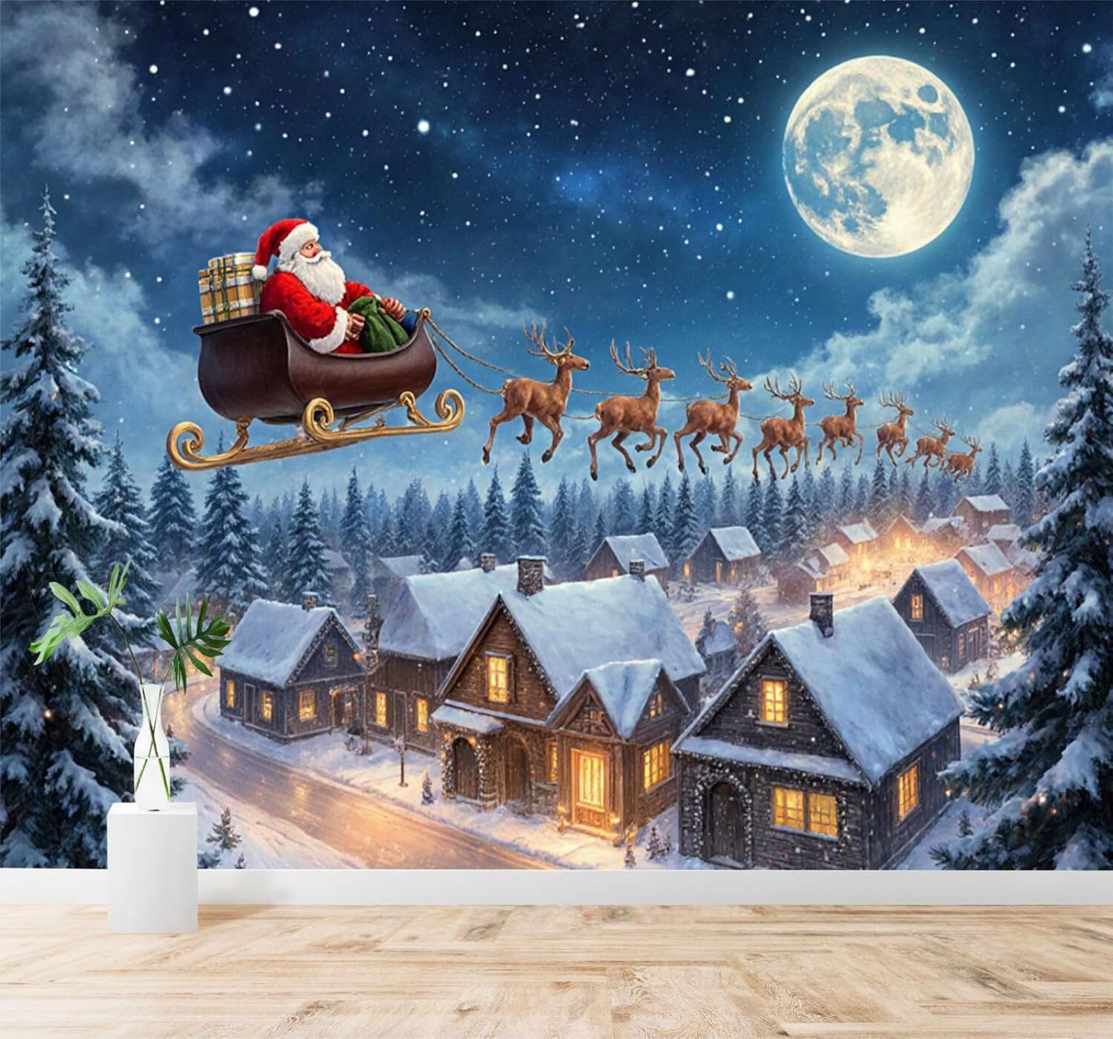 XLMING Starry Sky Reindeer Forest Houses Snowy Landscape 3D Wallpaper Silky Texture Home Study Office Grey Dining Room Sofa Bedroom Living Room TV Backdrop-200cm×140cm