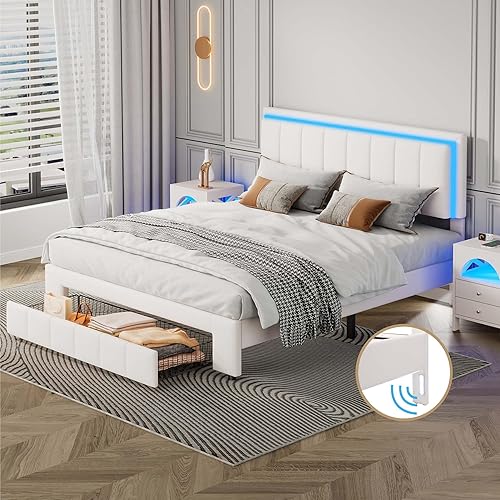 Miniatura 51 de Base de cama flotante tamaño Queen con luces LED y carga USB, marco de cama LED de plataforma tapizada moderna, no necesita somier (blanco-1)