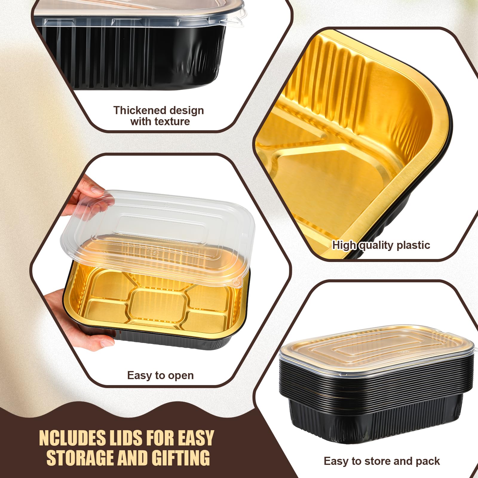 Funnymoom Paquete de 30 sartenes de aluminio con tapas, incluye 10 unidades de mesa de vapor de horno de tamaño medio de 10 x 13 pulgadas, bandejas de papel de aluminio de aluminio, paquete de 20