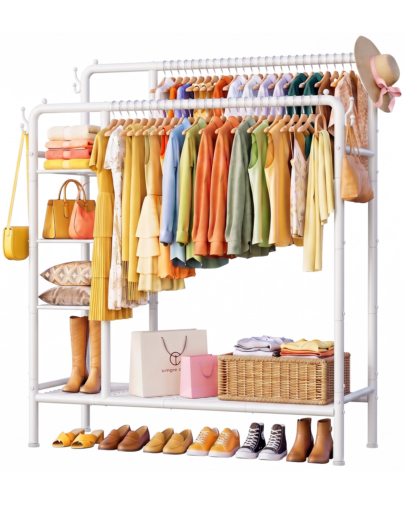 Sakugi Clothes Rail, Double Rail with Storage Shelves, 111x43x153cm, White