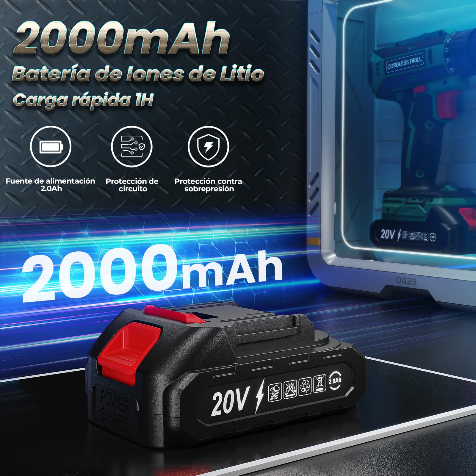 Taladro Atornillador Batería 20V, Taladro Bateria par Máximo 42Nm, Taladro Inalámbrico 2 Velocidades, Apto para Baterías Makita, 25+1 Niveles de Par, Batería 2000mAh, Portabrocas 10mm, Luces LED Verde