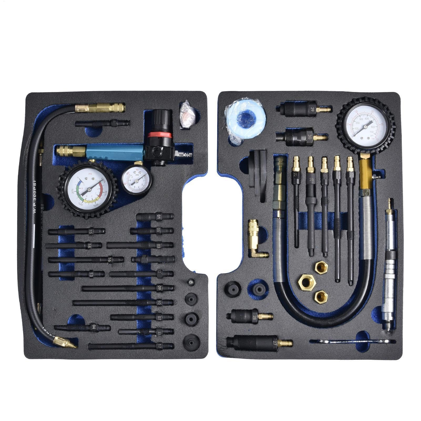 Juego De Comprobador De Compresión De Motor Comprobador De Compresión Para | Juego de 46 Piezas con Manómetro Doble, Probador de Bujías y Estuche para Motor