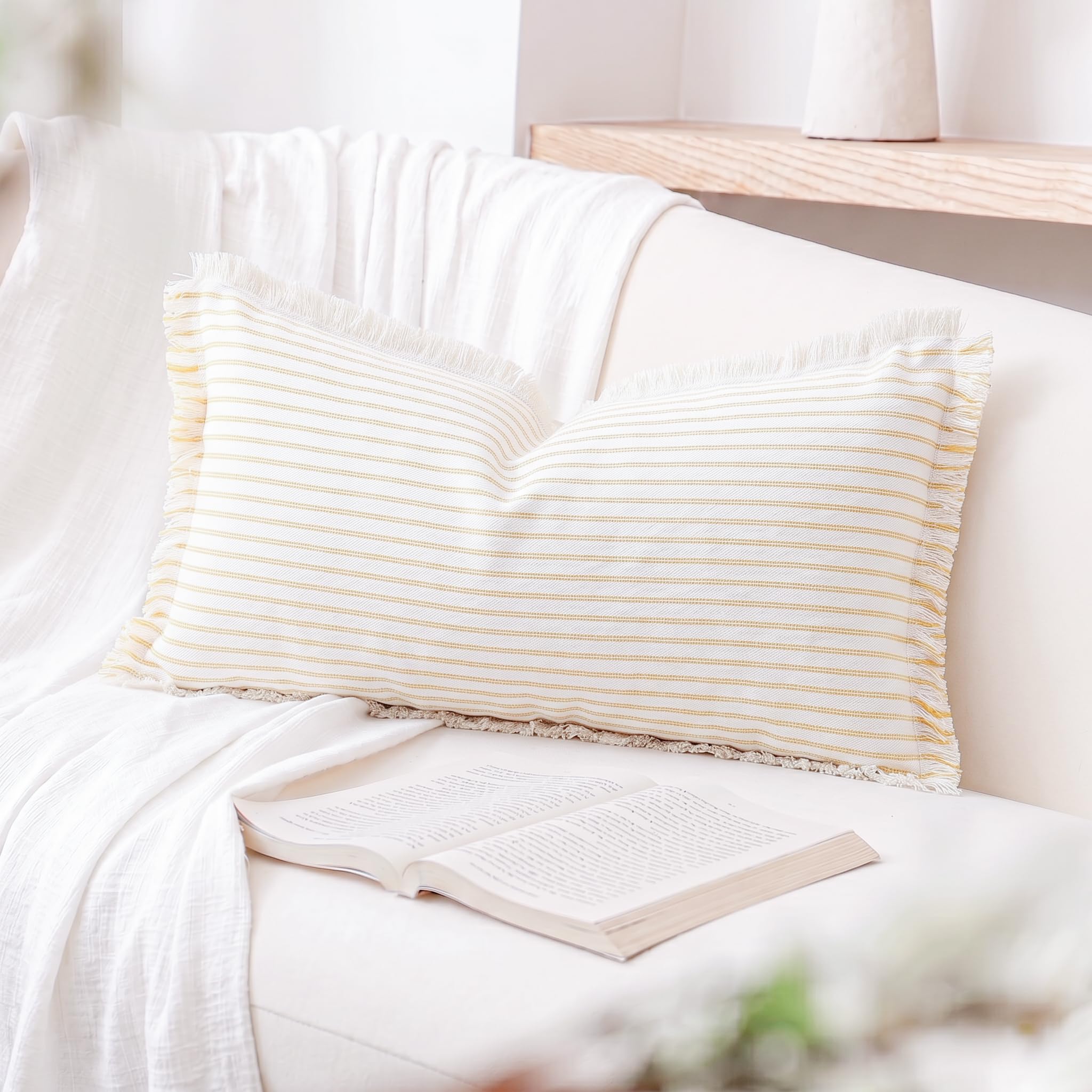 PANOD Decorative Boho Long Lumbar Pillow Cover 12x24,Super Soft Cotton Modern Long Rectangle Pillow Cover Pillow Case for Bed Sofa Couch Farmhouse Livingroom,Yellow Product Image 1
