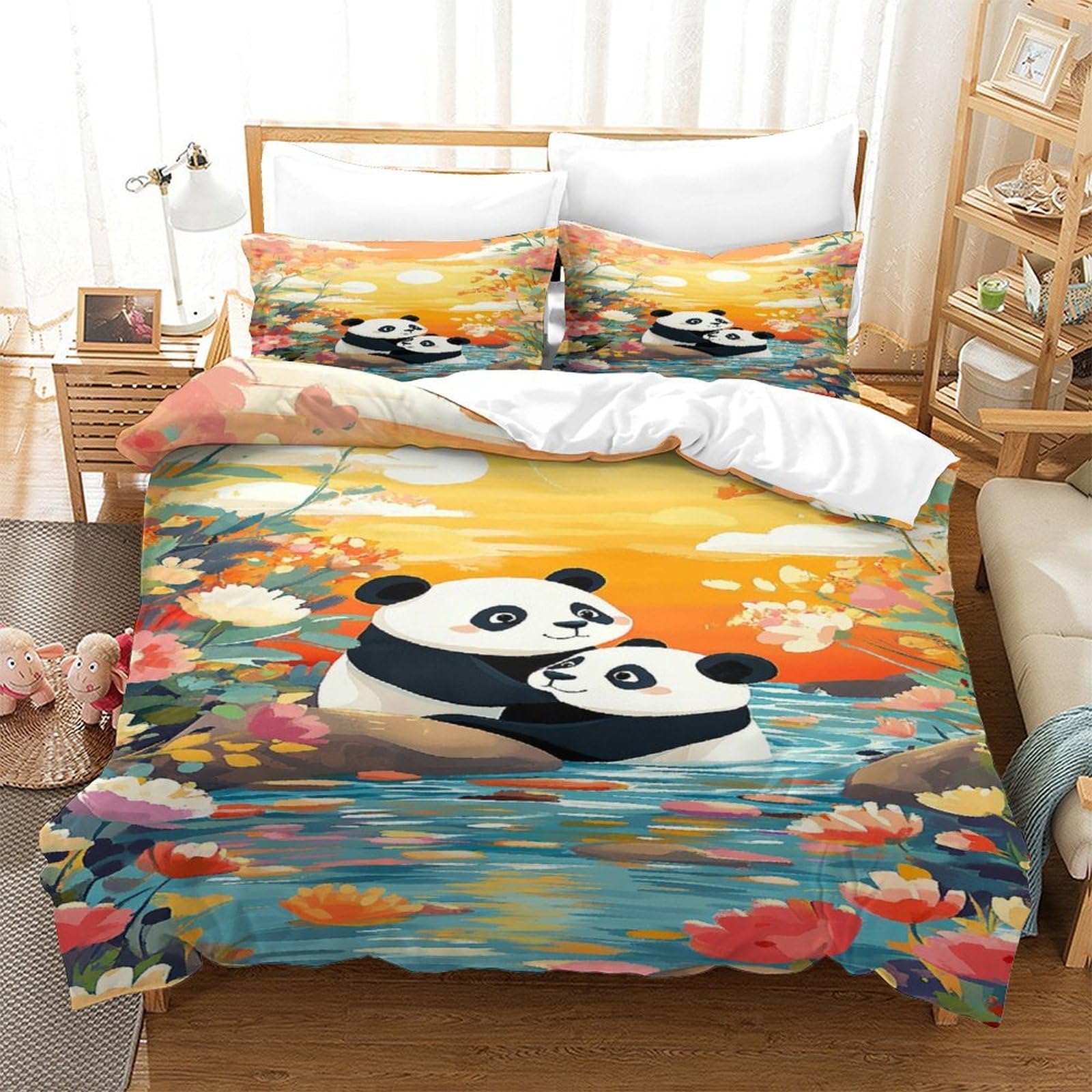 Panda-Pärchen 3D-Bedruckt 3er-Set Steppbezug Cartoon-Blumenszene Bettbezug Mikrofaser Hypoallergen Staubmilbenfest für Jungen Mädchen Erwachsene Super King（260x220cm）