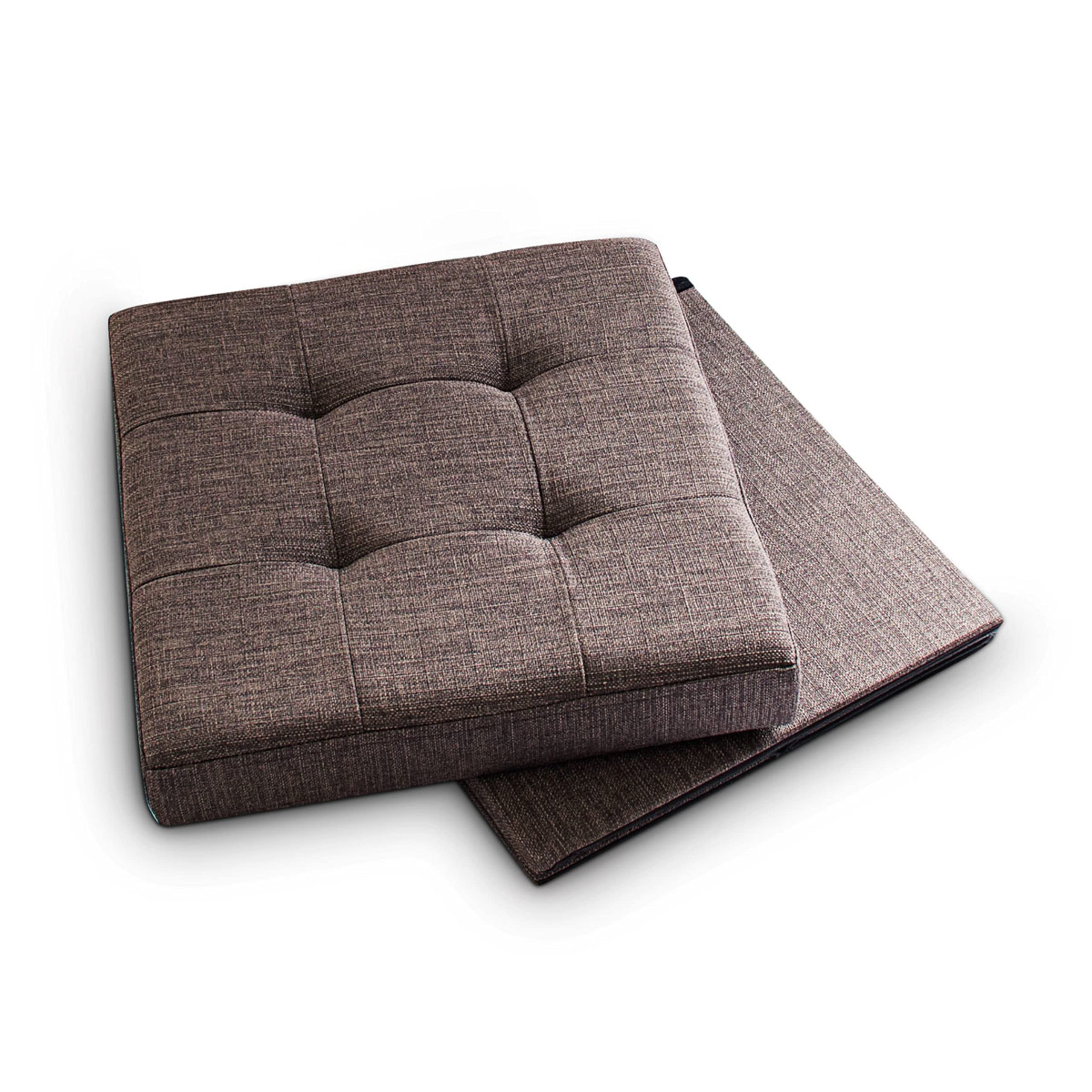 Relaxdays Otomana Plegable, Guarda Mantas Salón, Taburete Puff Lino, Tapa Extraíble, para Pies Sofá, 38x38x38 cm, Marrón