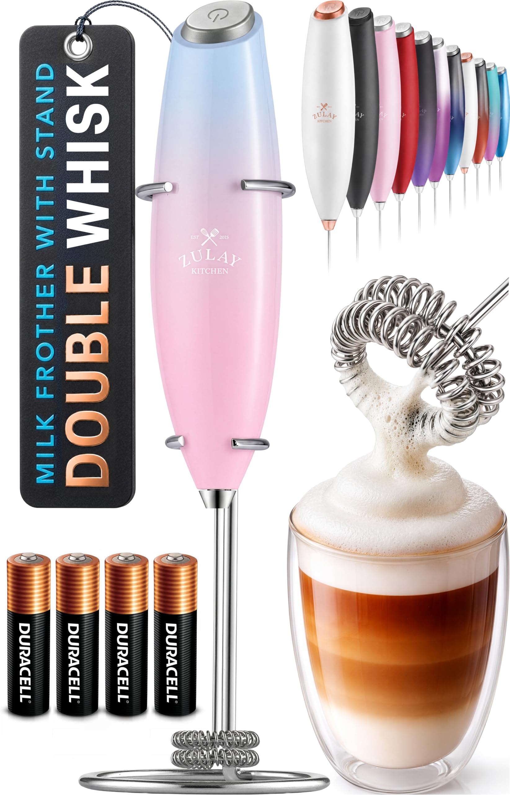 Zulay Kitchen Powerful Milk Frother Wand With Duracell Batteries - Ultra Fast Handheld Drink Mixer - Electric Whisk Foam Maker for Coffee, Lattes, Cappuccino &amp; Matcha - Double Whisk - Lavender