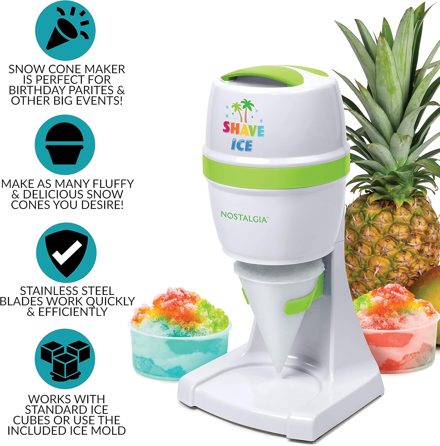 Nostalgia Snow Cone Shaved Ice Machine - Retro Table-Top Slushie Machine - Includes 1 Reusable Plastic Cup and Ice Molds, White, Green