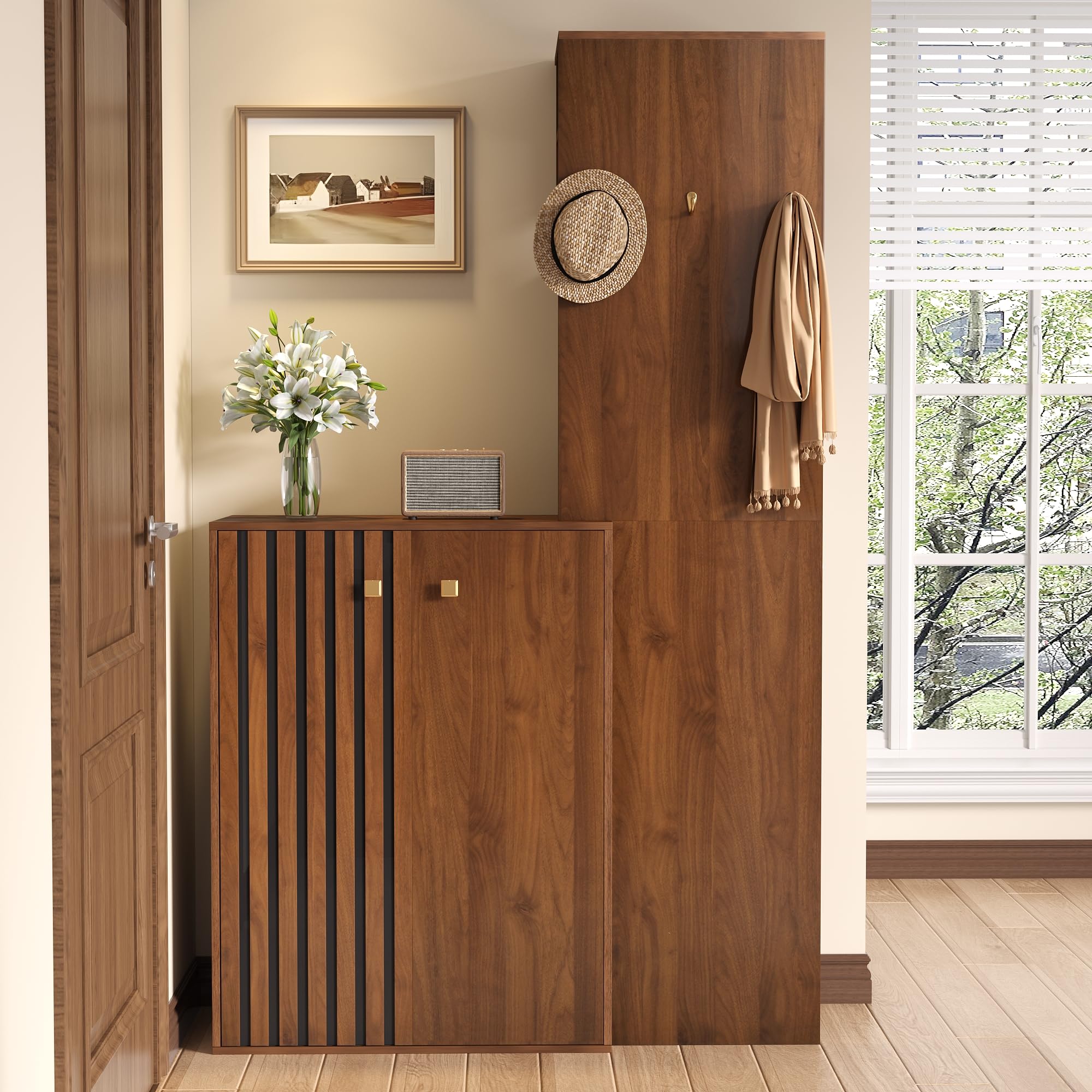 Vestiaire d’Entrée avec Penderie et Rangement Chaussures – Garde-Robe Compacte 115 cm – Meuble Entrée avec Porte-Manteau, Étagères Réglables, Crochets – Noyer