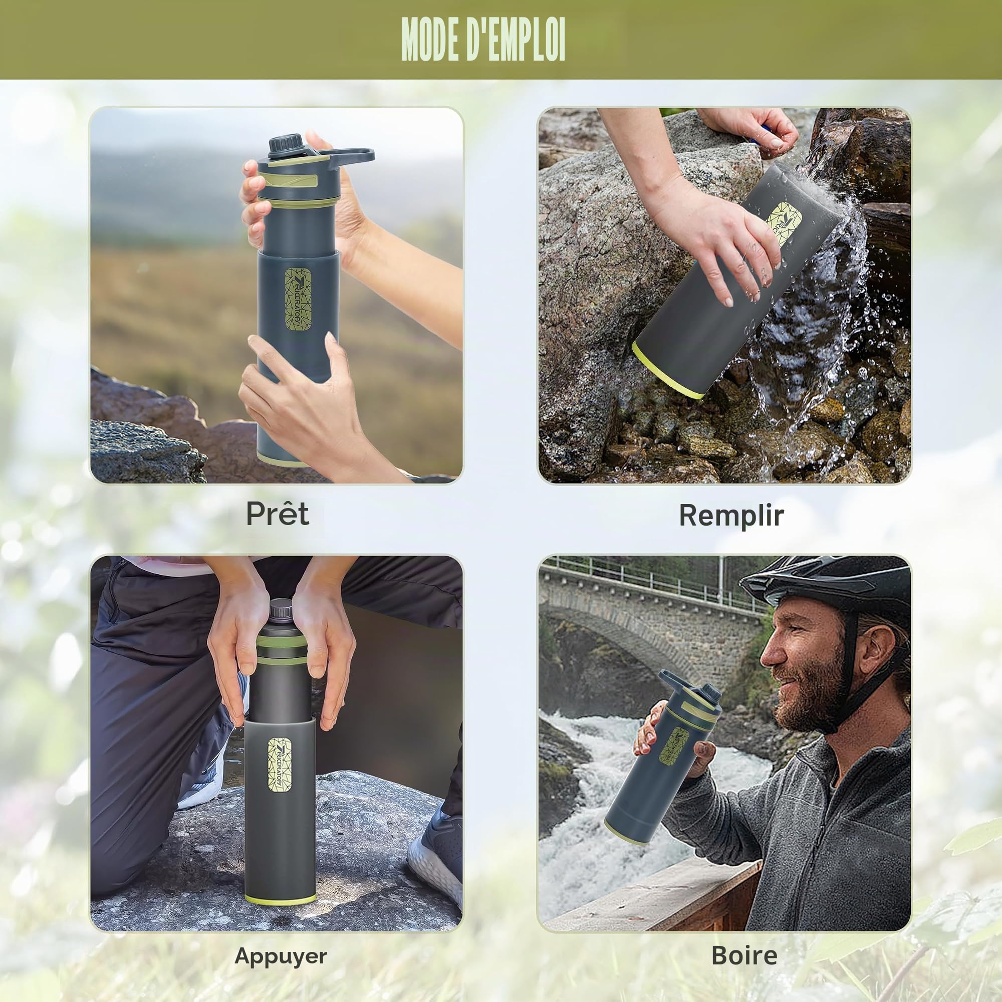 Bouteille avec filtre à eau de 800 ml, système de purification sous pression avec filtre à microplastiques, portable pour camping, randonnée et survie d'urgence (gris foncé)