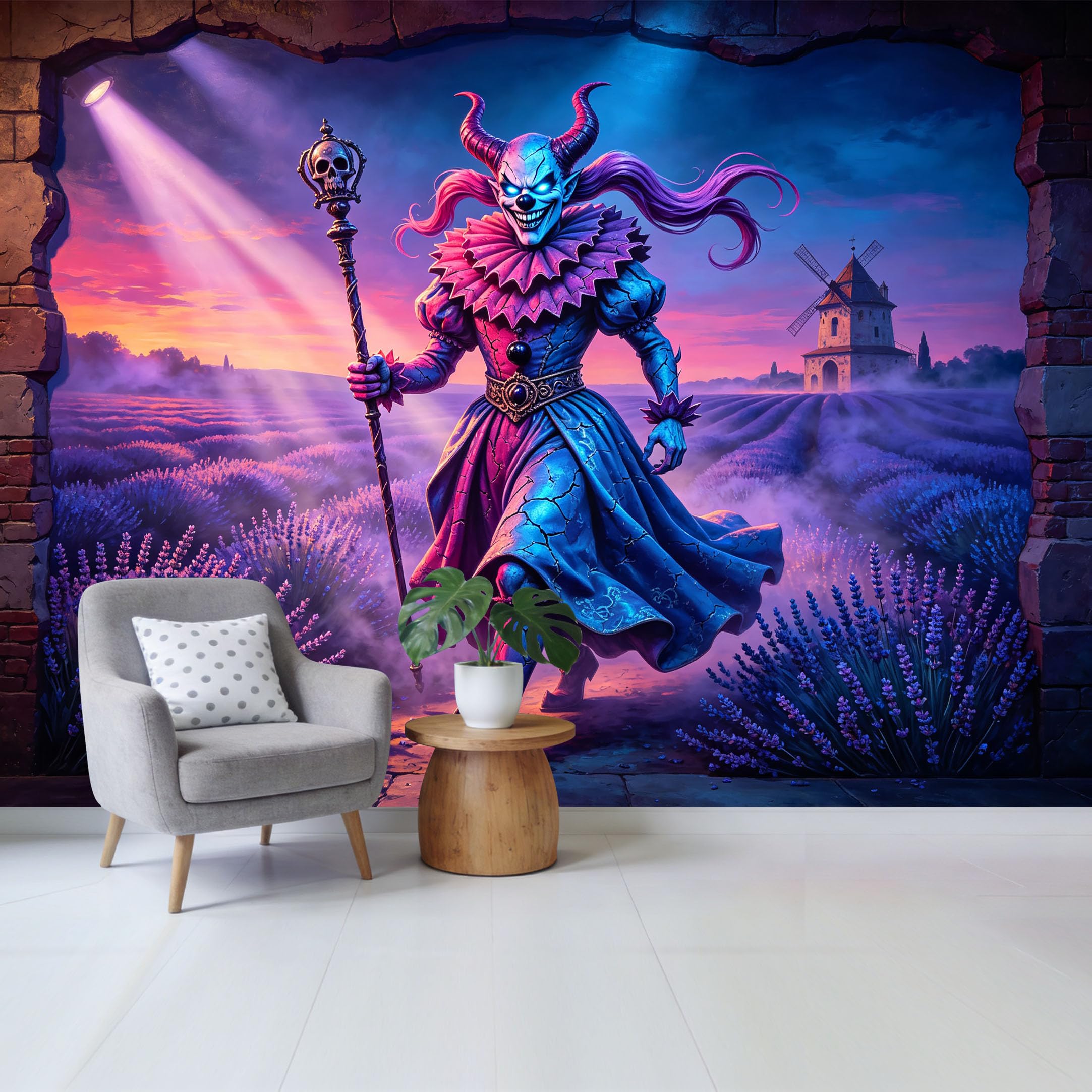Custom Size Wall Mural Fantasy Jester Horned Character Windmill Lavender Field 3D Trompe L'Oeil Removable Self Adhesive Fabric， Home Wall Decor for Living Room Bedroom Bathroom