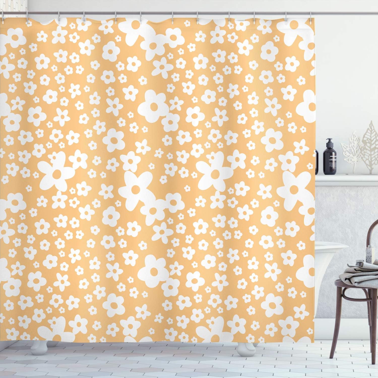 Ambesonne Floral Shower Curtain, Graphic Daisy Blossoms Design Colorful Background Spring Flowers Art, Cloth Fabric Bathroom Decor Set with Hooks, 70" Long, Pale Peach