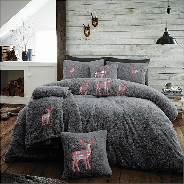 GC GAVENO CAVAILIA Teddy Fleece Duvet Cover with Pillow Cases Thermal Fluffy Warm Cosy Soft Bedding Set, EMB STAG, Double, Charcoal