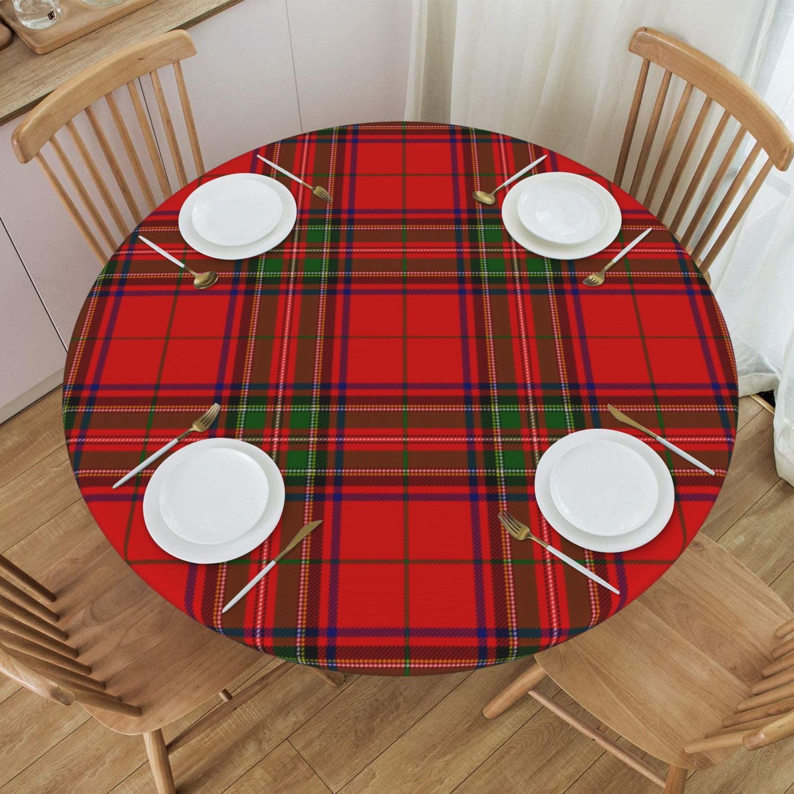 GTEVUTS Christmas Tablecloth Round Fitted Winter Decor - Christmas Tartan Plaid Table Cover Elastic Edged Round Reusable Wipeable Table Cloth for New Year Kitchen Patio Party, Fit 40-44 inch