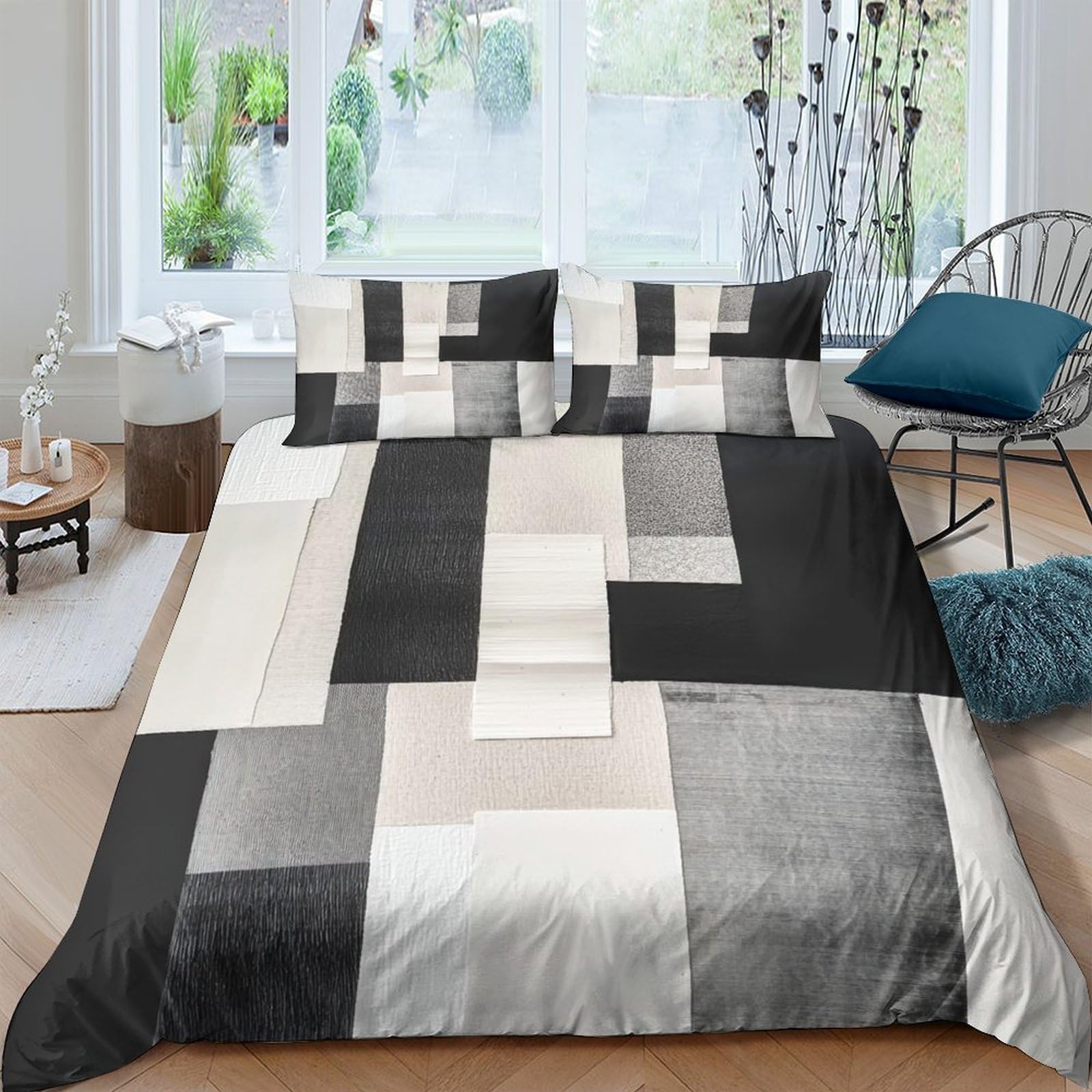 GPLZQXKJNH 3D Printed Geometric Block Duvet Cover Microfiber Soft Breathable Monochrome Bedding Set with 2 Pillowcases for Bedroom Decor Single（135x200cm）