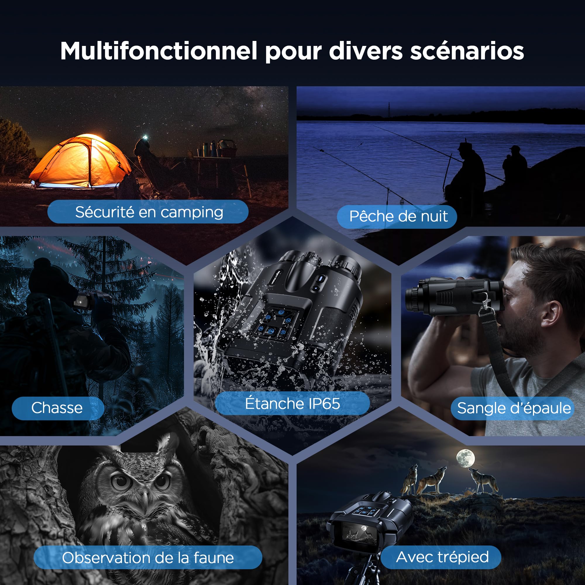 Haokoo Jumelles Vision Nocturne 4K avec Écran 3" HD, Portée 600m, Batterie 5000mAh, Zoom numérique 8X, étanche IP65, Lampe Tactique, Carte 64GB – Chasse, Observation, Camping
