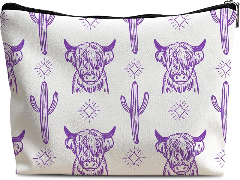 Necessaire de maquiagem retangular Lacosu com estampa de vaca, couro e zíper