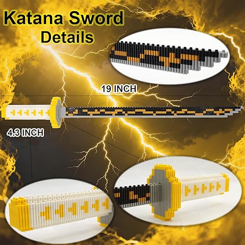 Miniatura 9 de Beego Zenitsu - Kit de construcción de espada, 27.8 pulgadas, bloques de construcción de espada Demon Slayer con vaina y soporte, espada samurái de