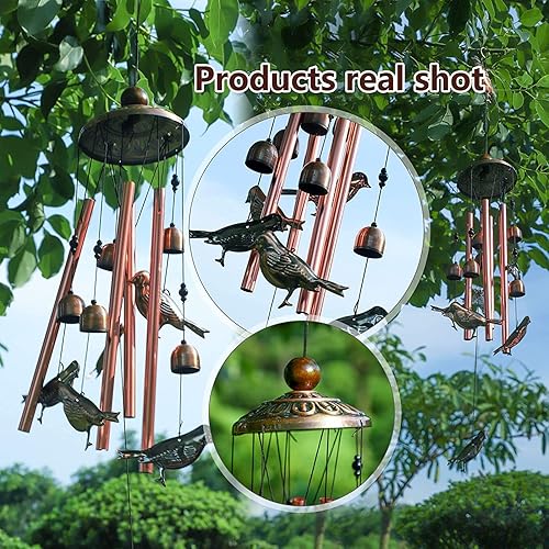 Miniatura 9 de Campana de viento de pájaro para exterior, 33 pulgadas de longitud, campanilla de viento de gorrión conmemorativa con 4 tubos grandes de aluminio y