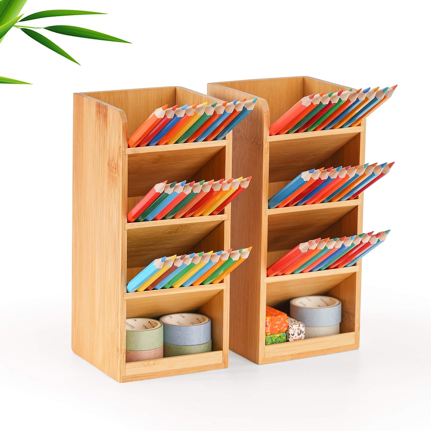 Marbrasse 2 Pcs Bamboo Pen Holder for Desk, Multi-Functional Desk Organizer, Pen Organizer for Desk, Desktop Stationery Storage for School Home Office Art Supplies, Set of 2