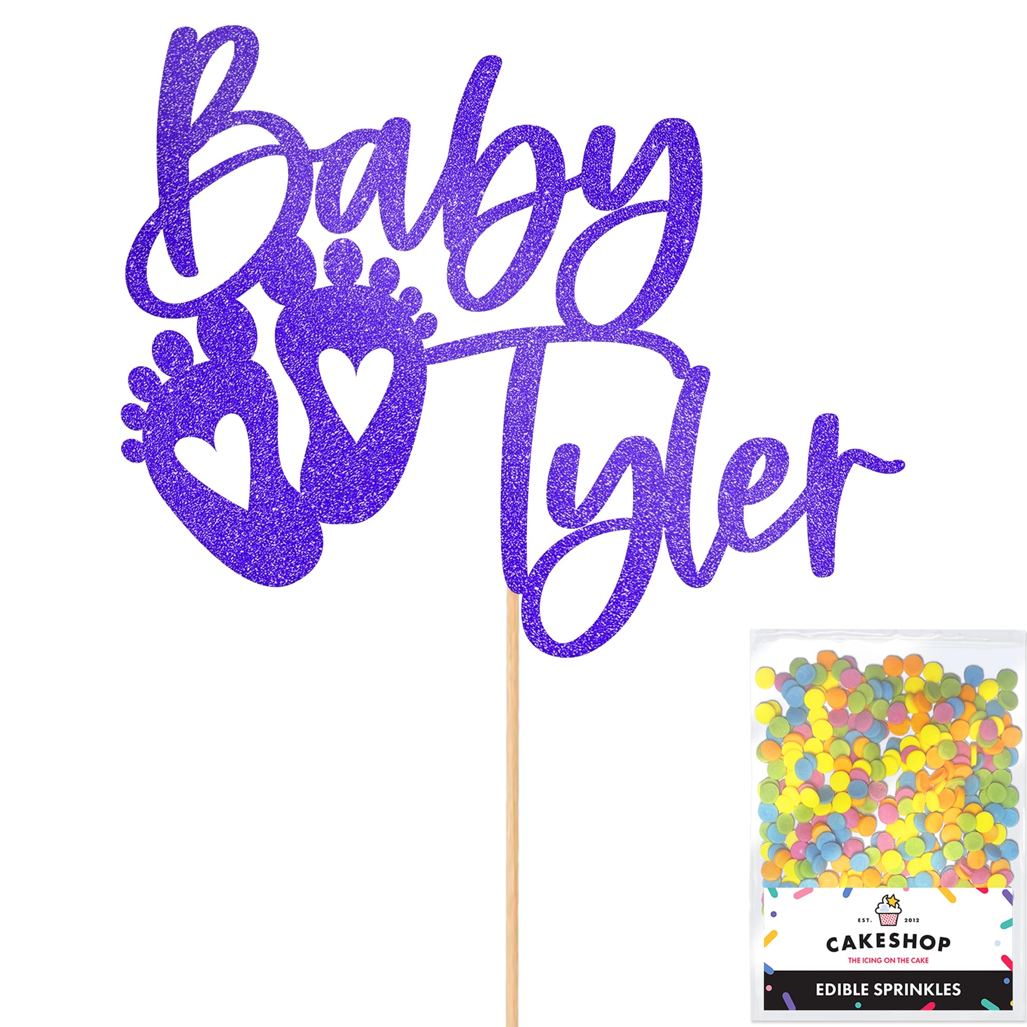 Cakeshop Personalised Baby Glitter Cake Topper With Sprinkles - Bright Blue Custom Colour - Any Name - Double-Sided Glitter Card Cake Decoration - Custom Toppers for Cakes