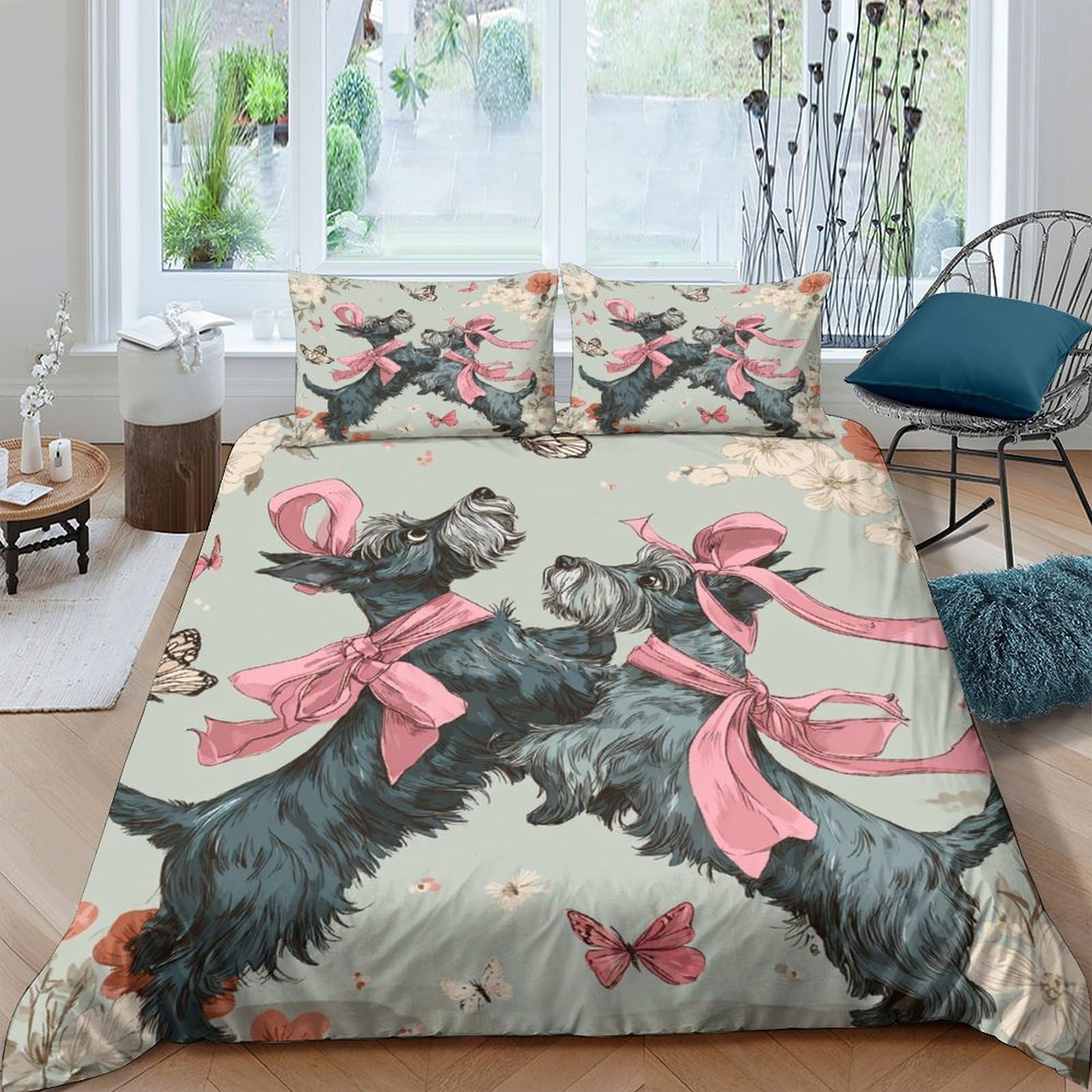 Ctjqhvkz Style-8 3D Printed Schnauzer Dog Fitted Sheet Microfiber Cartoon Pink Bow Bed Cover For Bedroom Guest Room Mattress Decor Single（135X200cm）
