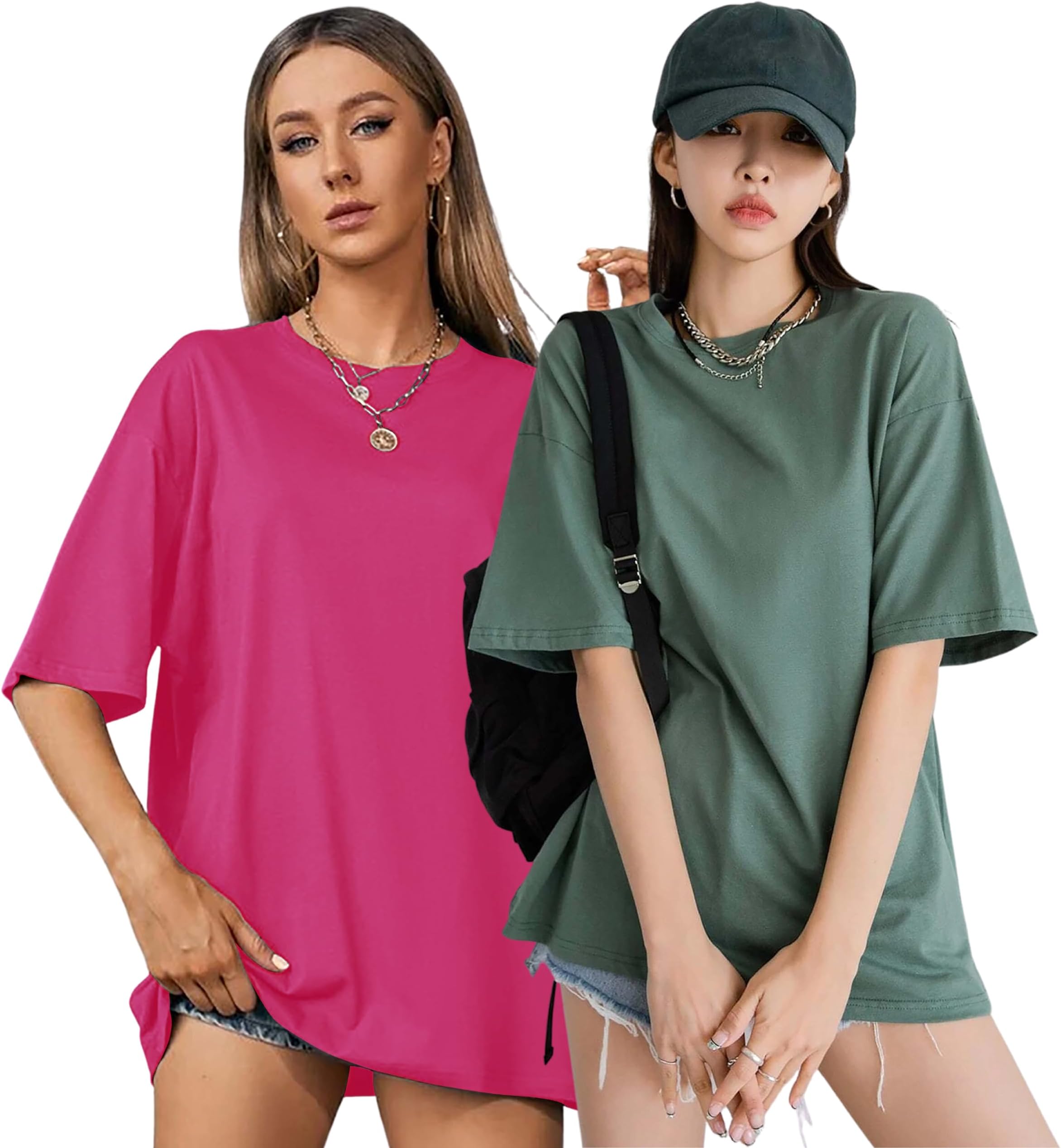 Women's Cotton Loose Casual Round Neck Solid, Drop Shoulder T-Shirt Pack of 2
