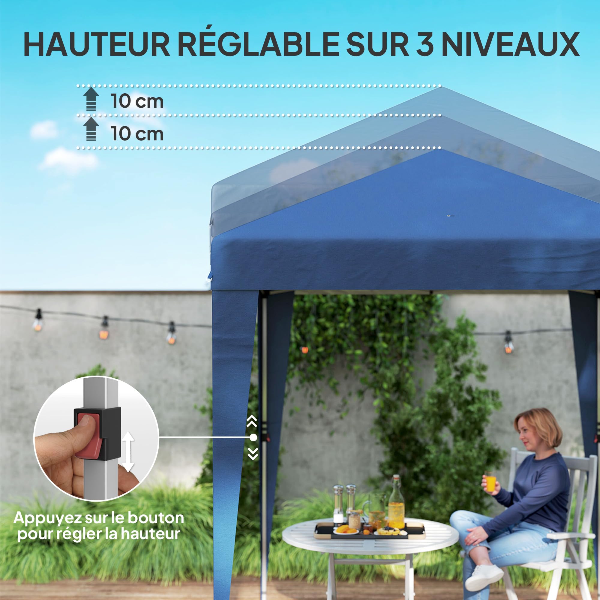 Outsunny Tonnelle de jardin pliante pop-up 2 x 2 m tente de réception hauteur réglable 3 niveaux Anti-UV 30+ 3 parois latérales avec 4 sacs de sable et 1 sac de transport tissu Oxford acier bleu foncé