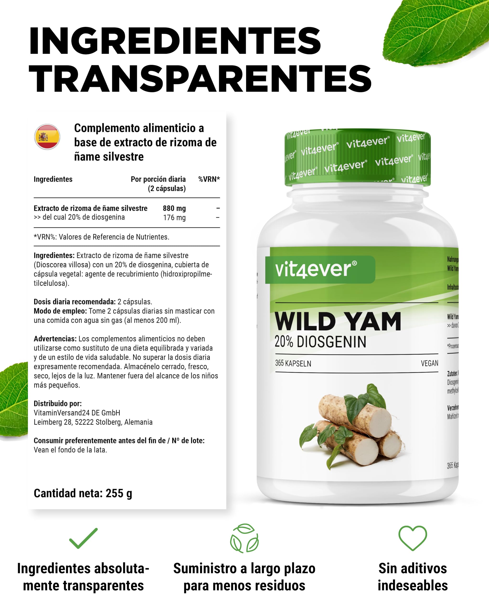 Wild Yam Root Extract - 365 cápsulas - Original Mexican Wild Yam Root - Altamente dosificado con 880 mg de extracto (incluyendo 176mg de diosgenina) por dosis diaria - Vegano