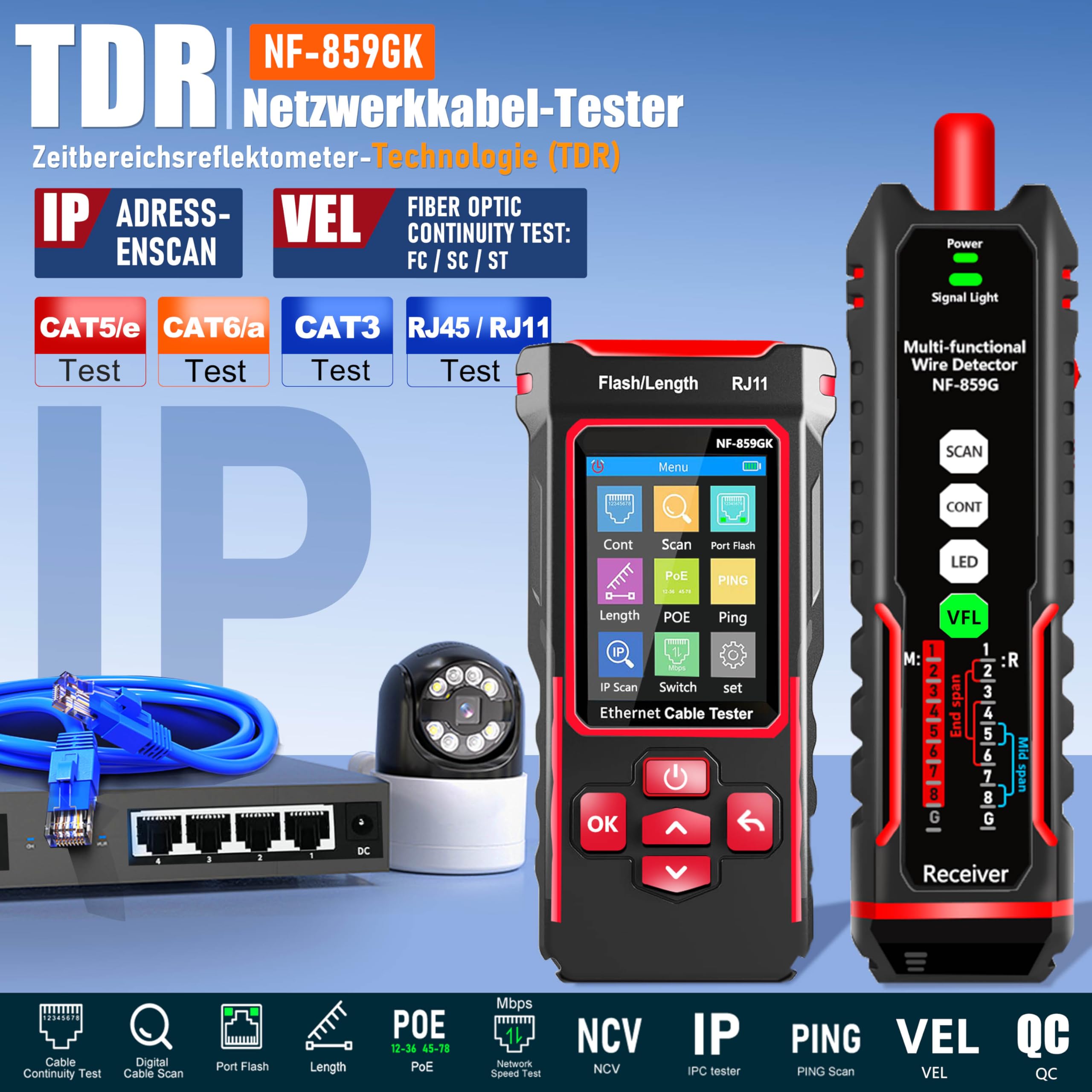 NF-859GK Netzwerk-Kabeltester TDR Multifunktional mit IP-Scan/VFL/PING/POE/CAT5 CAT6 CAT7 /RJ45 RJ11 Kabeltester für Telefonleitungen Ethernet-Kabeltester LAN-Netzwerktester
