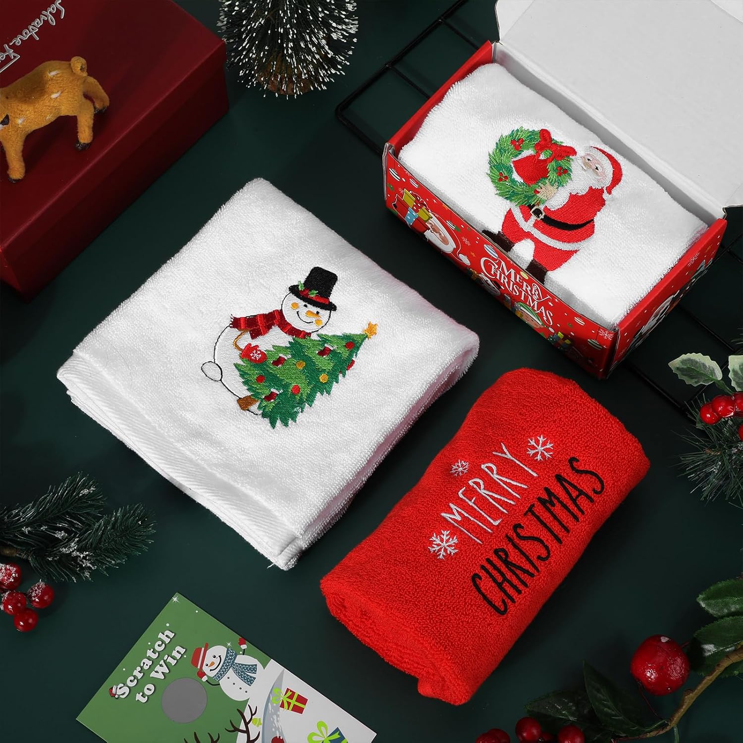 Tiamon 3 Pack Christmas Hand Towels for Bathroom Set Cotton Embroidered 13.7'' x 29.5'' Xmas Snowflake Dish Tea Fingertip Towel Cloths Decorative for Winter Holiday Kitchen Bath Gift(Red,Santa) - Image 4