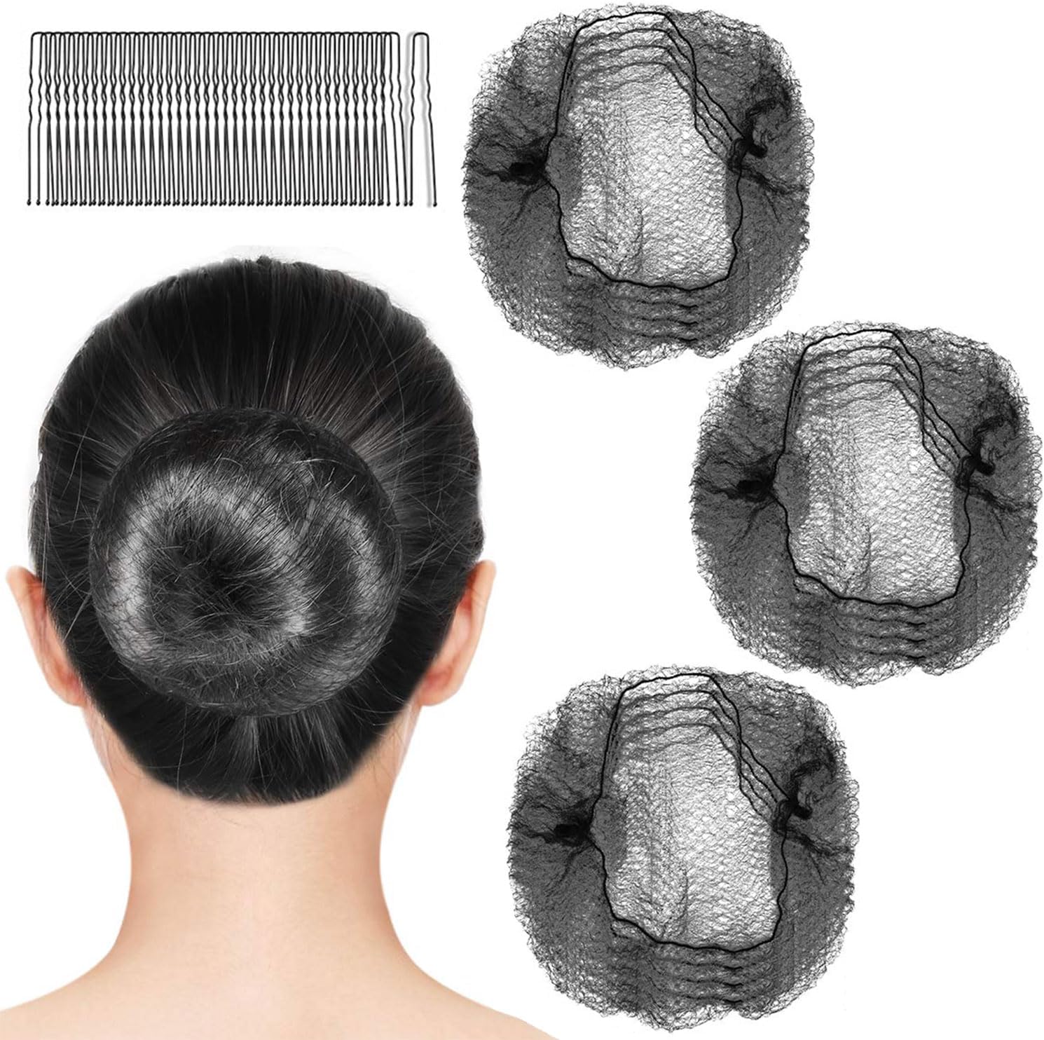 Zurligi Hair Nets Invisible Set, 60 Pack Elastic Edge Hair Nets with 30 U-Shaped Pins, Black Mesh for Women, Girls, Ballet, and Dance Bun Maker