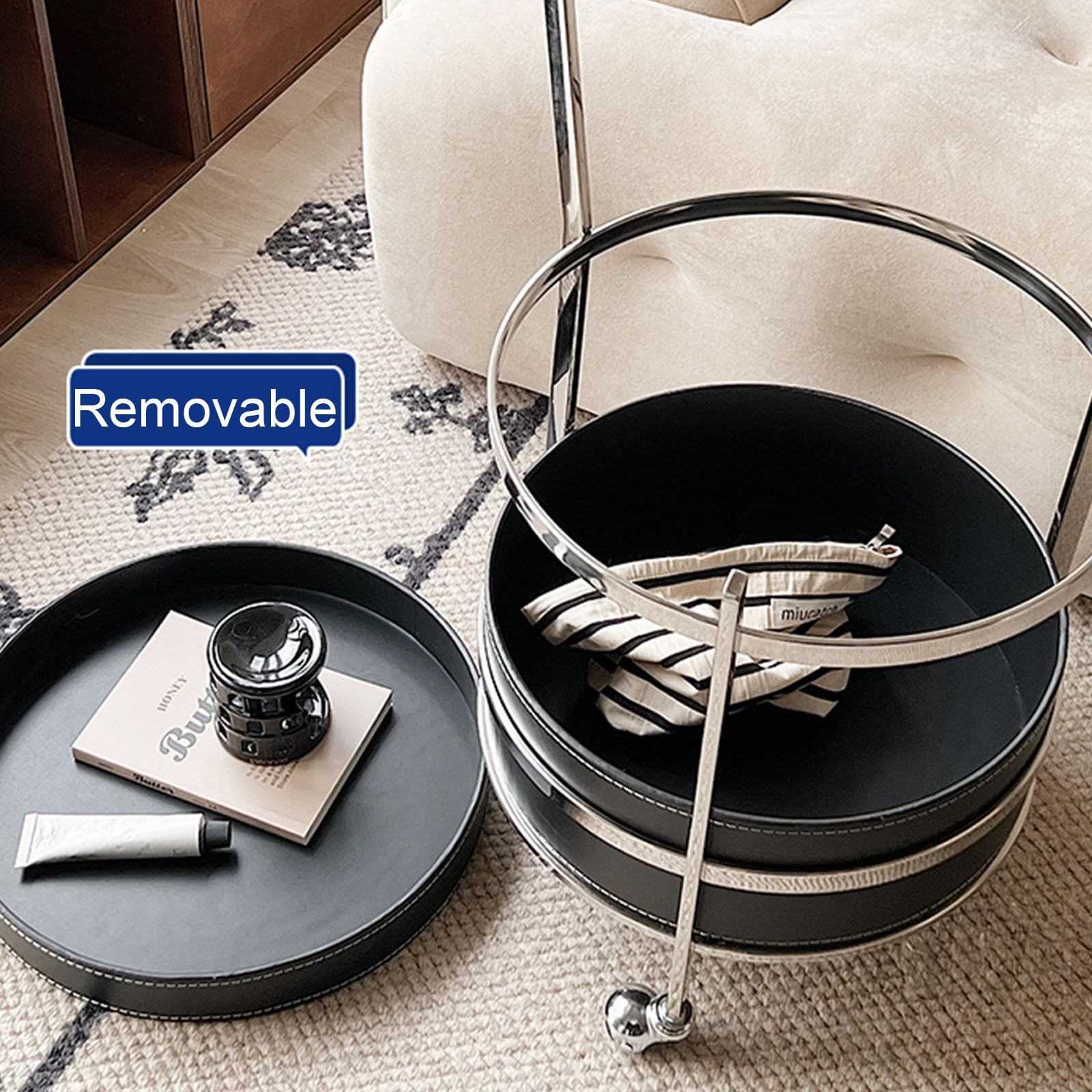 Mesa Auxiliar Redonda de 2 Niveles, Mesa de Centro para sofá con asa y Ruedas, Acabado en Cuero Color Silla de Montar, mesita de Noche, para Sala de Estar o Dormitorio (marrón).