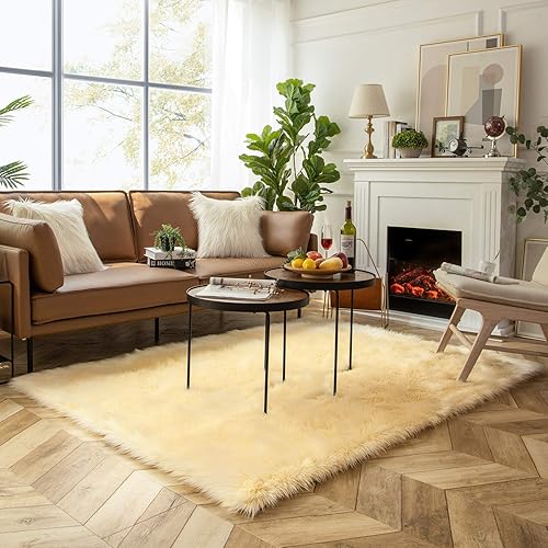 Ashler Faux Fur Rug, Fluffy Shaggy Area Rug Ultra Soft 5 x 7 Feet Rectangle Fur Rug Yellow Fuzzy Rug Machine Washable Shag Rug, Nursery Decor Throw Rugs for Bedroom, Kids Room, Living Room