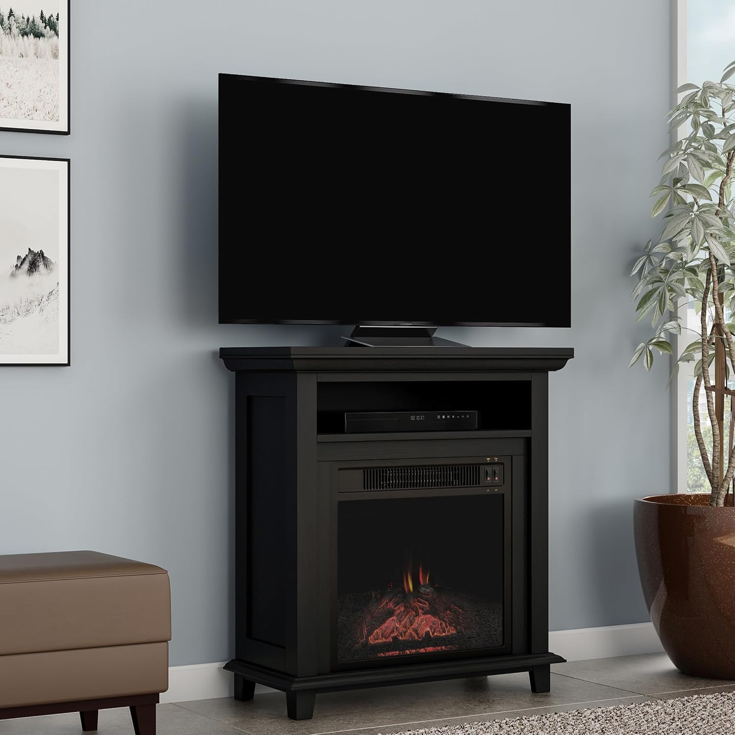27 Inch Electric Fireplace TV Stand for 32" Screen - Fireplace Mantel TV Console Entertainment Center with Shelf - 1400W Electric Heater with Mantel Heats Rooms up to 400 SQ FT by Northwest (Black)