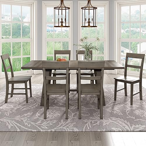 Juego de 7 piezas de estilo industrial retro extensible de 18 pulgadas y seis maderas, incluye 1 mesa, 6 sillas, para comedor, sala de estar y