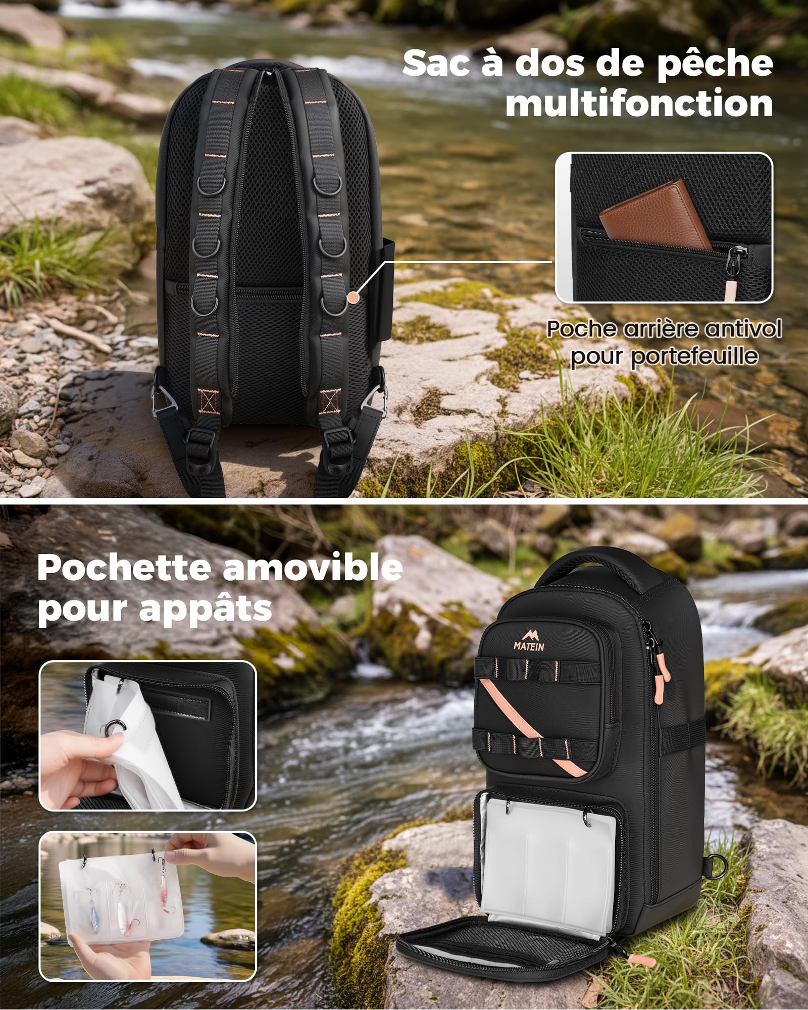 MATEIN Sac de Pêche avec Porte-Canne et Poche pour Téléphone, Noir | Petit Sac a Dos Peche Imperméable pour Femme avec Porte-Esches Amovible et Compartiment Isotherme, 2-en-1, Cadeau Pêcheur