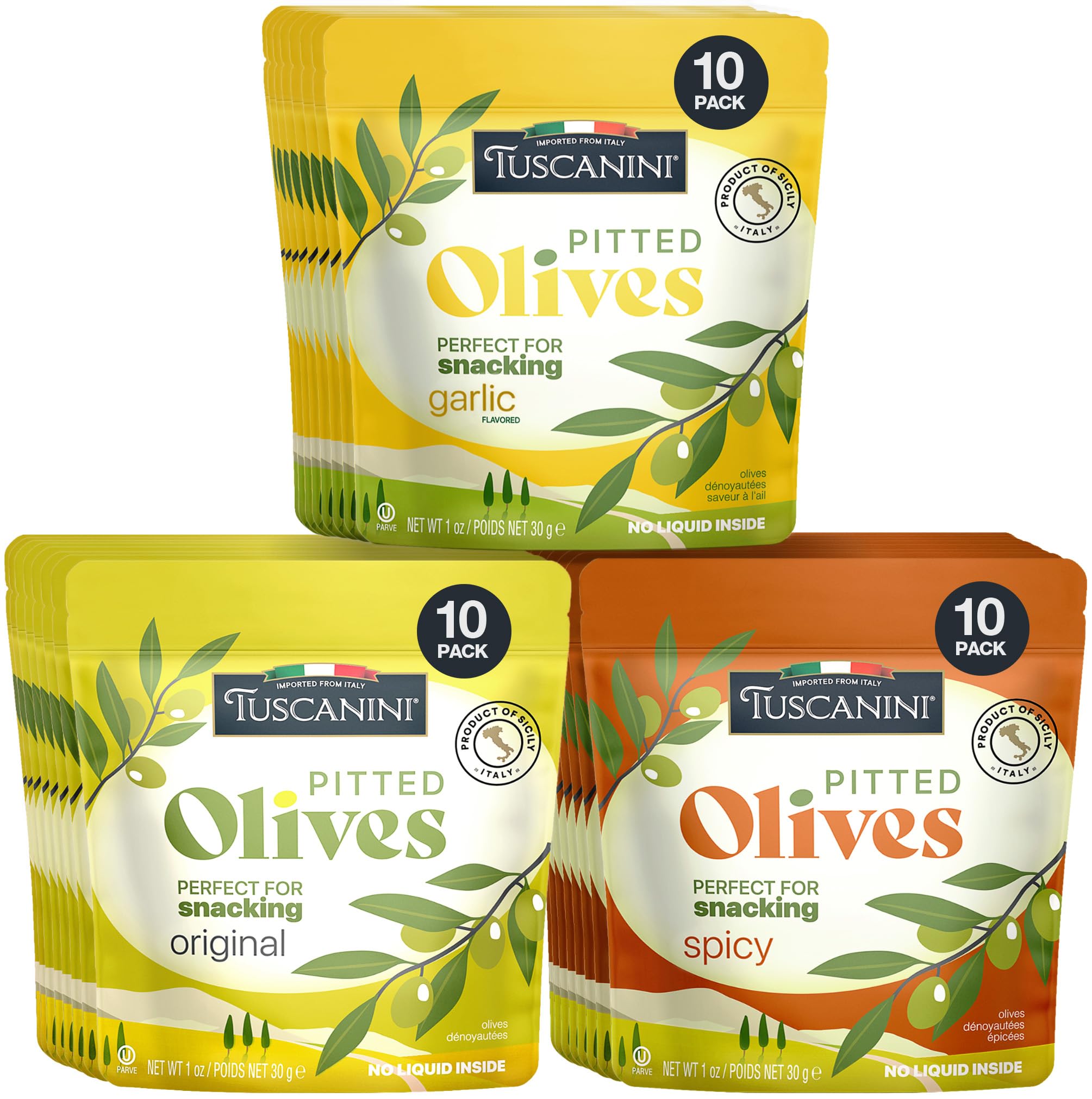 Tuscanini Italian Pitted Olive Snack Packs | Variety Pack | 1 oz (30 Pack) | Orignal, Garlic & Spicy Flavors | Convenient Olive Pouches for Snacking | Salad Topper | Gluten Free, Vegan, Keto Friendly | Pitted Olives | Great for Travel, Picnic and Office Snacks | Kosher