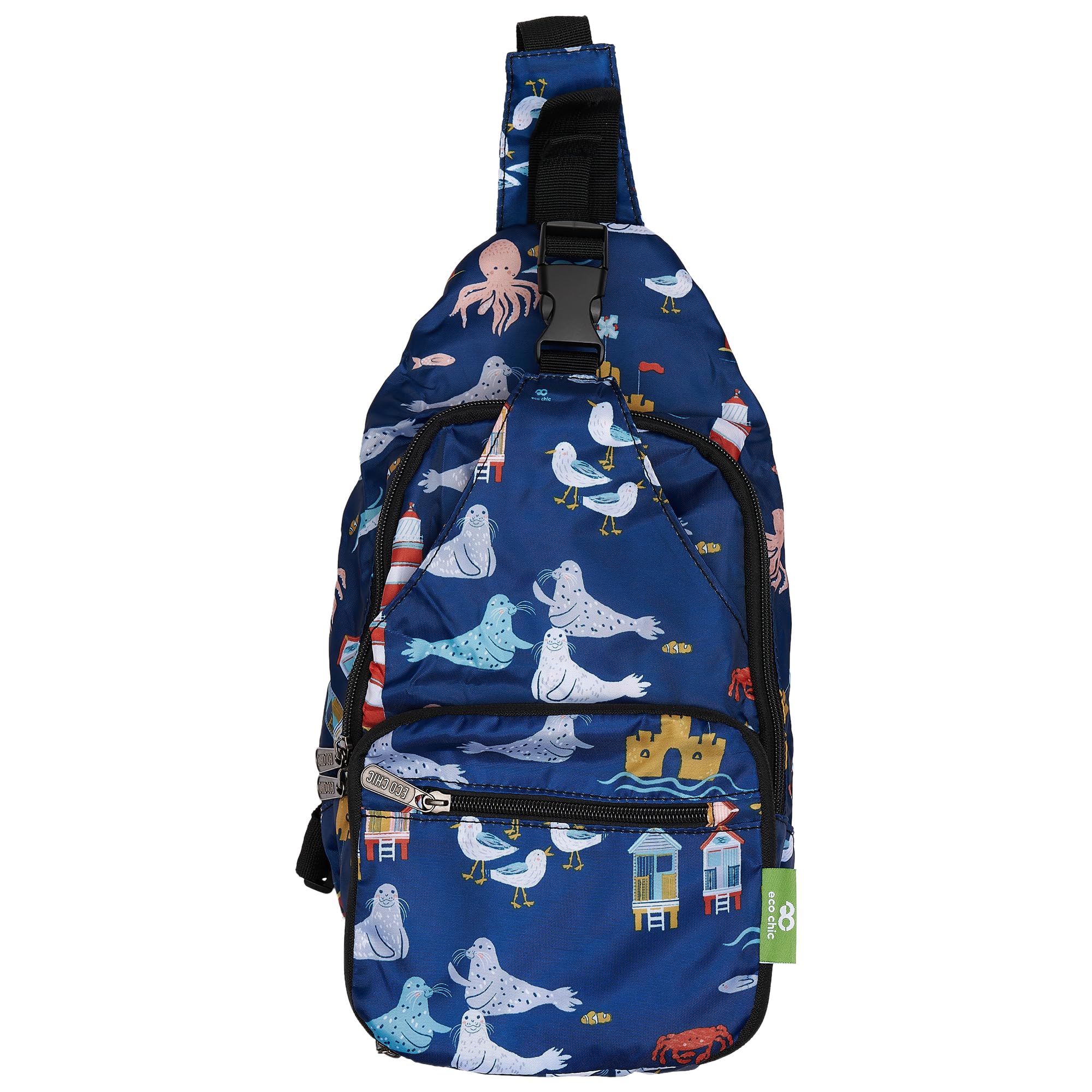 Eco Chic Navy Lightweight Foldable Crossbody Bag Recycled Plastic Shoulder Backpack Folds Into Pouch For Storage (Seaside )