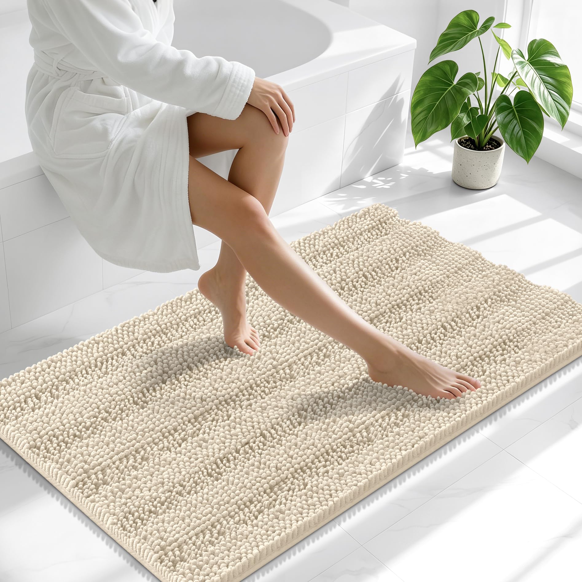 Smiry Thick Chenille Bathroom Runner Rugs 44x24, Absorbent Bath Mat, Sand