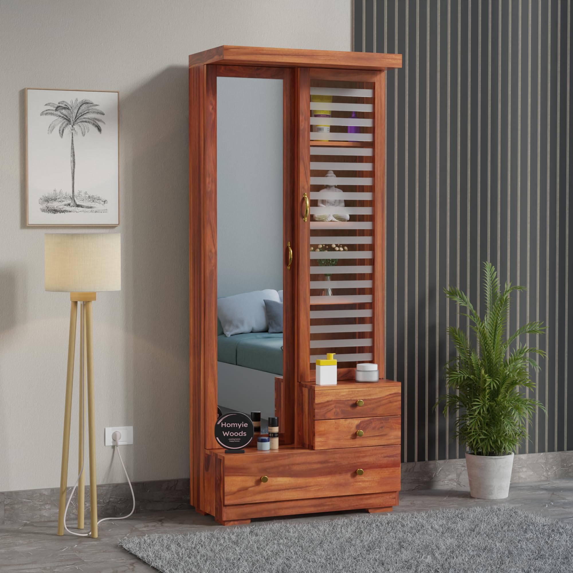 Solid Wood Dressing Table with Mirror, 2 Doors and 3 Drawers (Honey Finish)-image-10