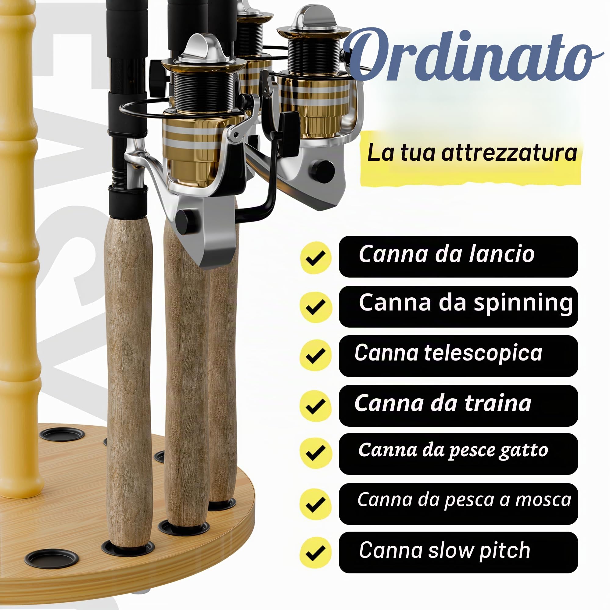 Rush Creek Creations Rotondo 16 Canna da Pesca Rack in Legno Tan, 34.9 cm L x 34.9 cm W x 76.2 cm H, per attività di Pesca, Garage