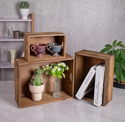 Miniatura 3 de TIMRIS Juego de 3 cajas de madera rústica envejecida anidables, cajas de almacenamiento de madera decorativas de estilo granja, cestas de madera